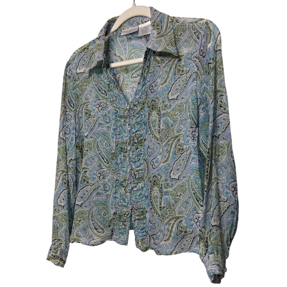 Vtg Silk Blouse Petite Blue Green Paisley Ruffle Button Front‎ Size 14 Y2K